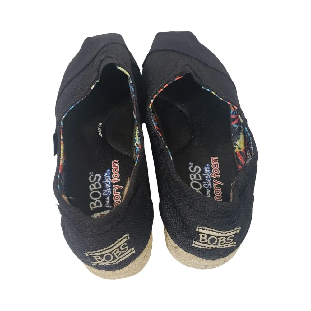 BOBS from Skechers Women 8.5 Black Canvas Espadrille Platform Slip On Flats
